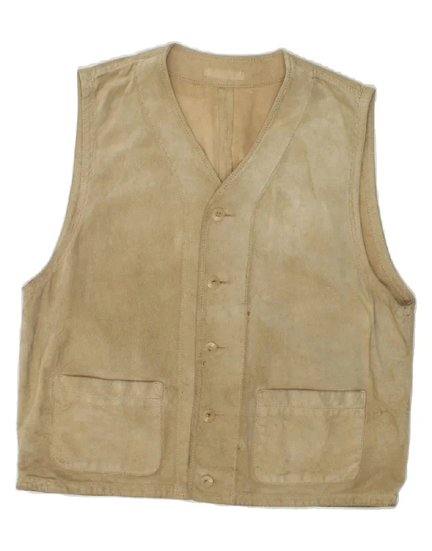 VINTAGE Mens Leather Gilet UK 36 Small Beige