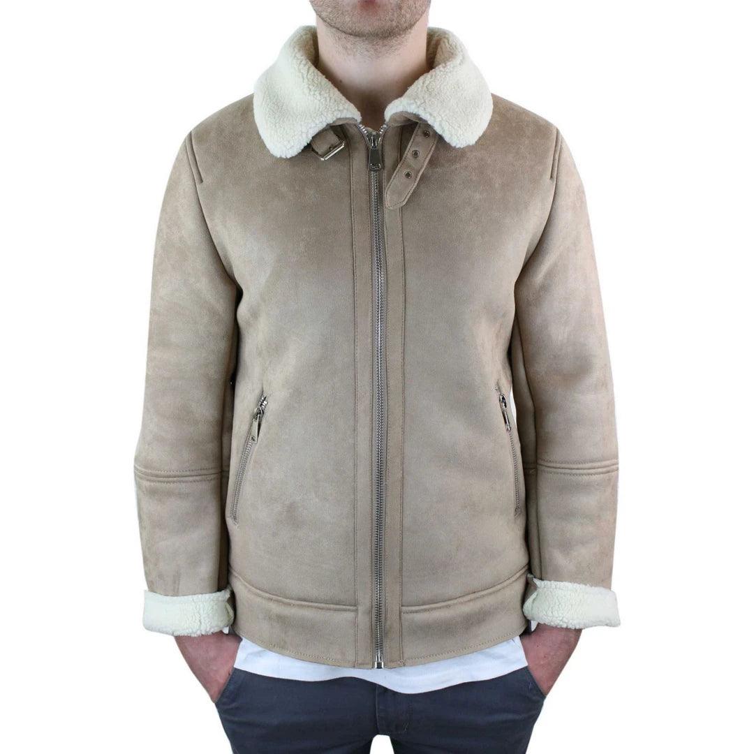 Mens Suede Sheepskin Faux Fur B3 Aviator Flying Jacket Cross Zip RAF Vintage