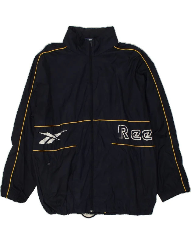 REEBOK Mens Graphic Hooded Rain Jacket UK 36 Small Navy Blue Nylon