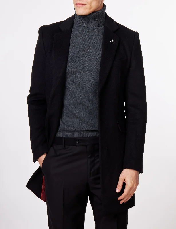 NATE - BLACK WOOL BLEND LONG OVERCOAT