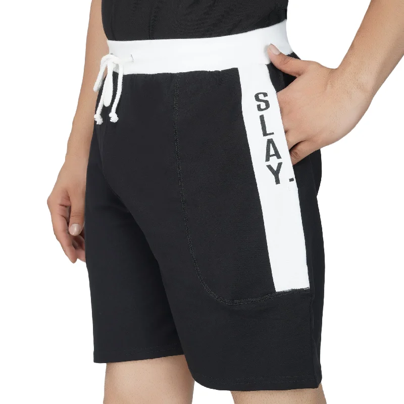 SLAY. Men's Activewear Black Sports Shorts with White Stripes