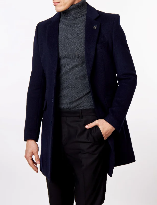 NATE - NAVY LONG WOOL BLEND OVERCOAT