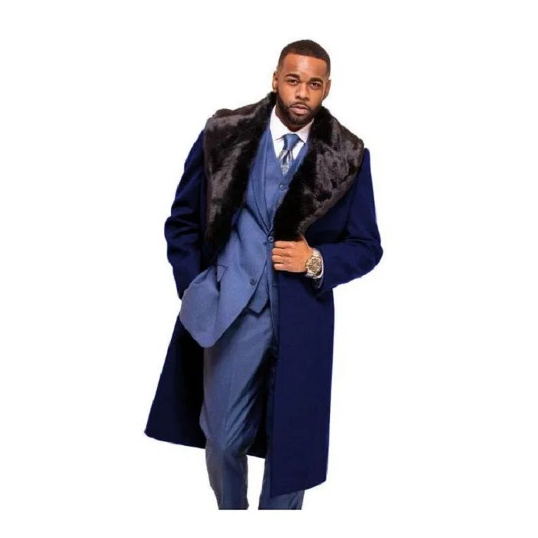 Mens Dark Blue Overcoat-Long Dress Winter Coat With Fur Collar