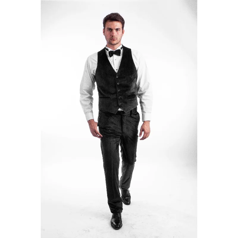 Black Solid Velvet Vests Classic Fit 5-BTN Tuxedo Vest