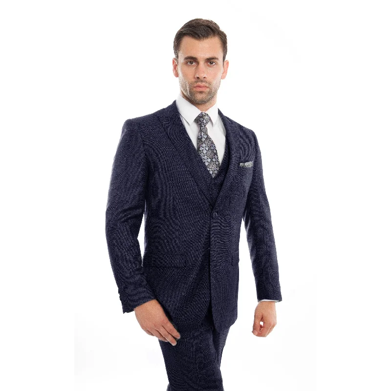 Men's Suit 3 Pieces Slim Fit Two Button Birdseye Peak Lapel Suit