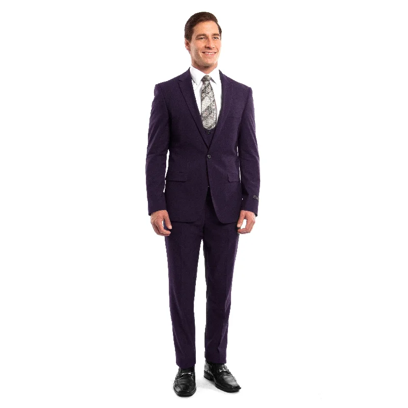 Men Suit Purple 3 Pieces Notch Lapel Rounded Neckline Vest Slim Fit Mens Suits