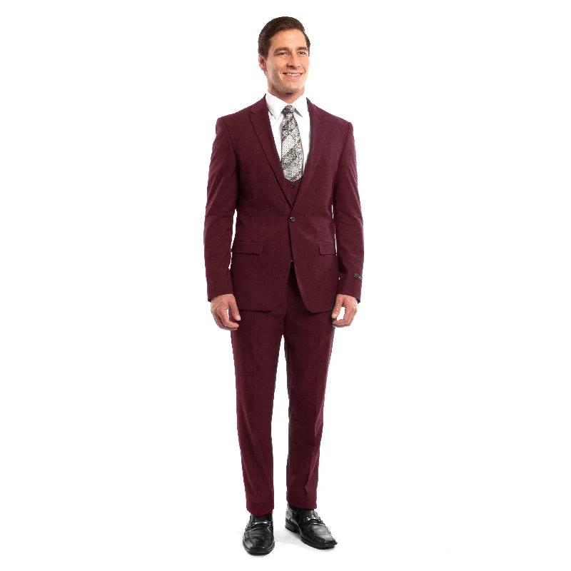 Men Suit Burgundy 3 Pieces Notch Lapel Rounded Neckline Vest Slim Fit Mens Suits