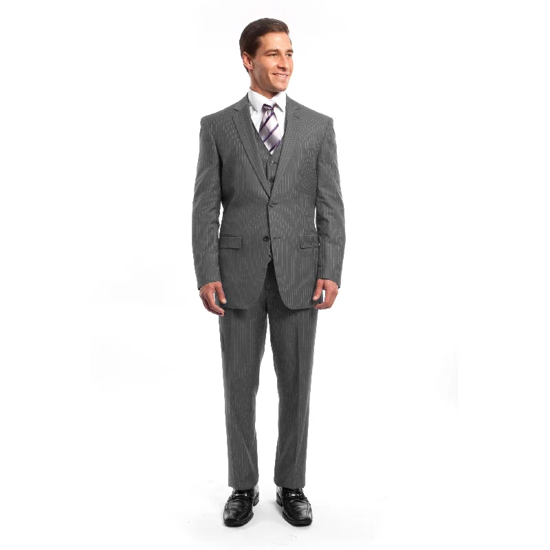 Men Suit Grey Pin Stripe 3 Pieces Notch Lapel Classic Fit Suits