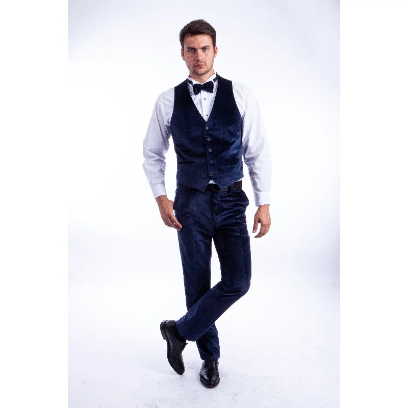 Navy Blue Solid Velvet Vests Classic Fit 5-BTN Tuxedo Vest