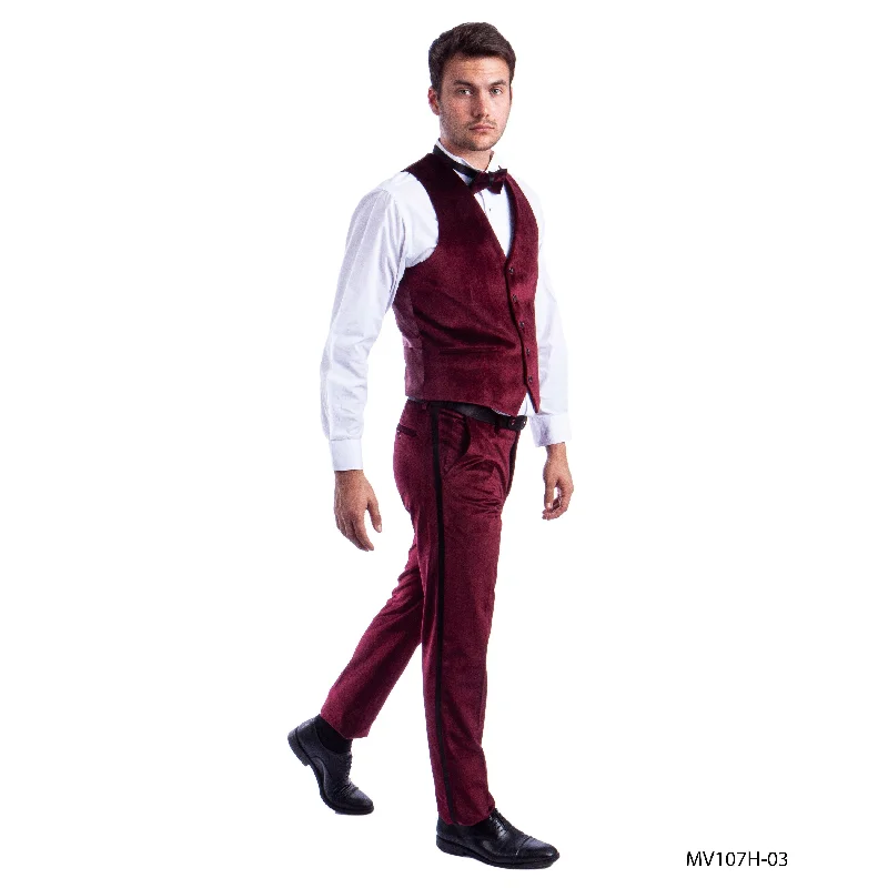 Burgundy Solid Velvet Vests Classic Fit 5-BTN Tuxedo Vest