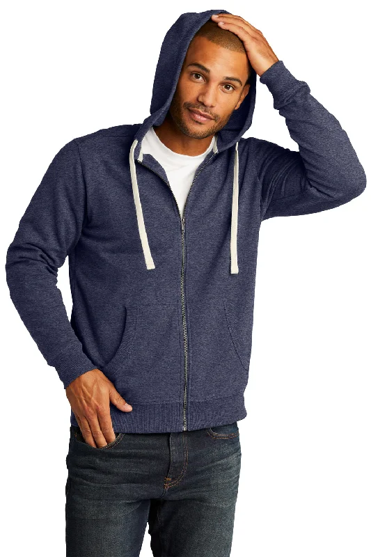 District Mens Re-Fleece Full Zip Hooded Sweatshirt Hoodie w/ Pockets - Heather Navy Blue