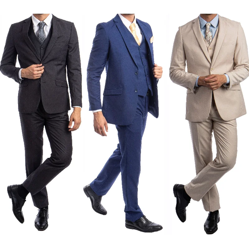 Slim Fit 3-Pc Suit Solid Notch Lapel Suits for Men-All Occasion Suit