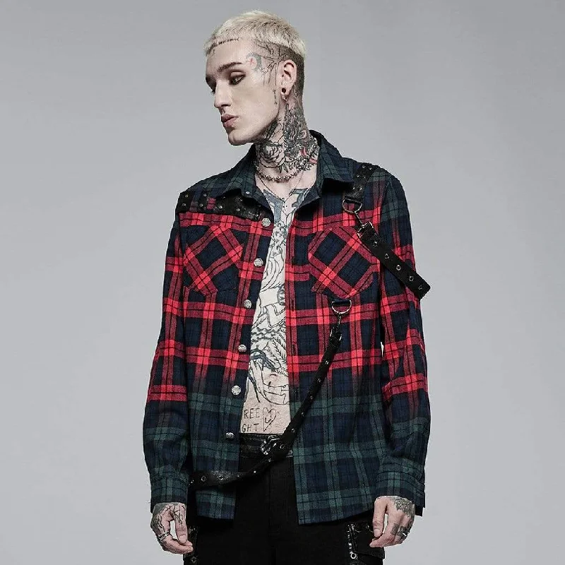 Men's Punk Double Color Splice Plaid Shirt