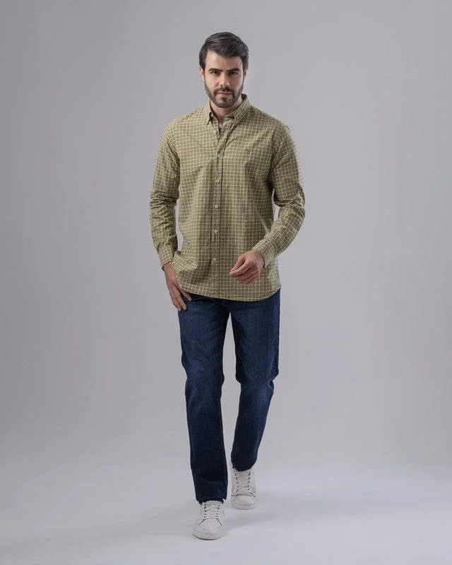 SLIM FIT CHECKERED SHIRT  - LIGHT OLIVE